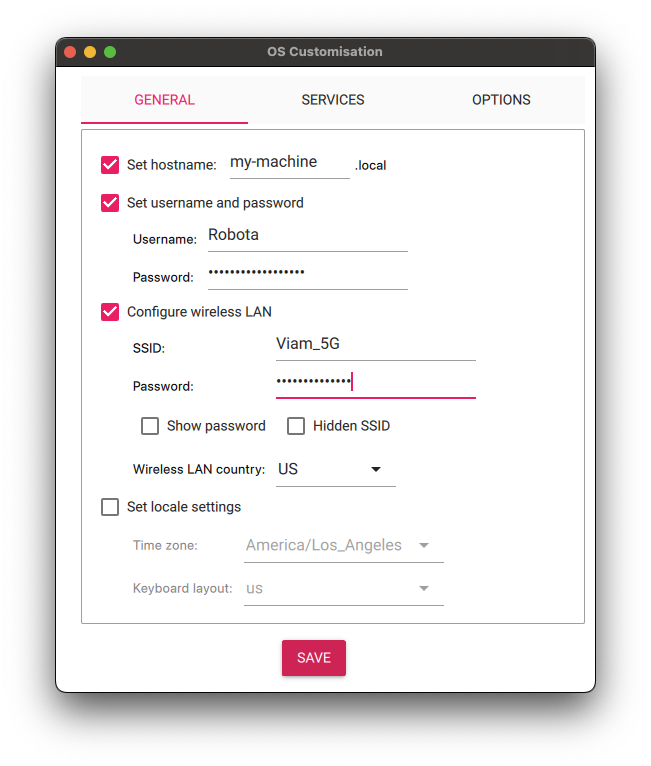 Raspberry Pi Imager window showing the 'Configure wireless LAN' option selected with SSID and password information for a wireless network.